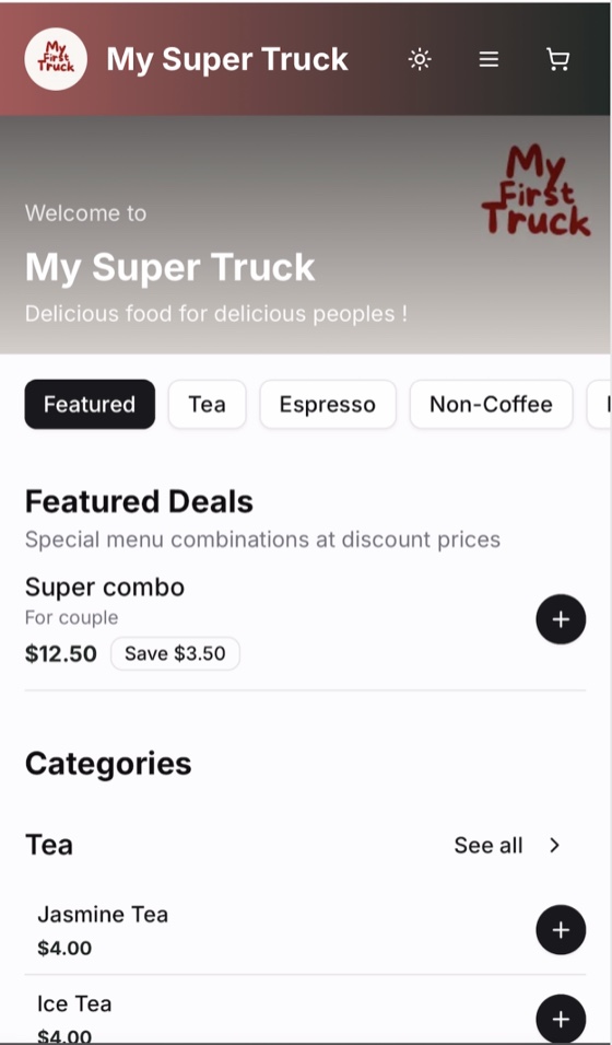 Mobile Food Trucker customer menu with featured deals and product categories