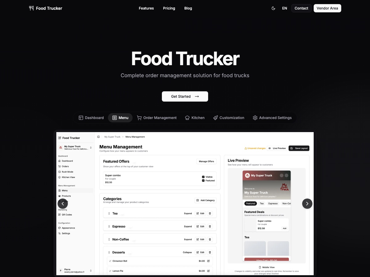 Food Trucker landing page showing the menu management interface and its mobile preview