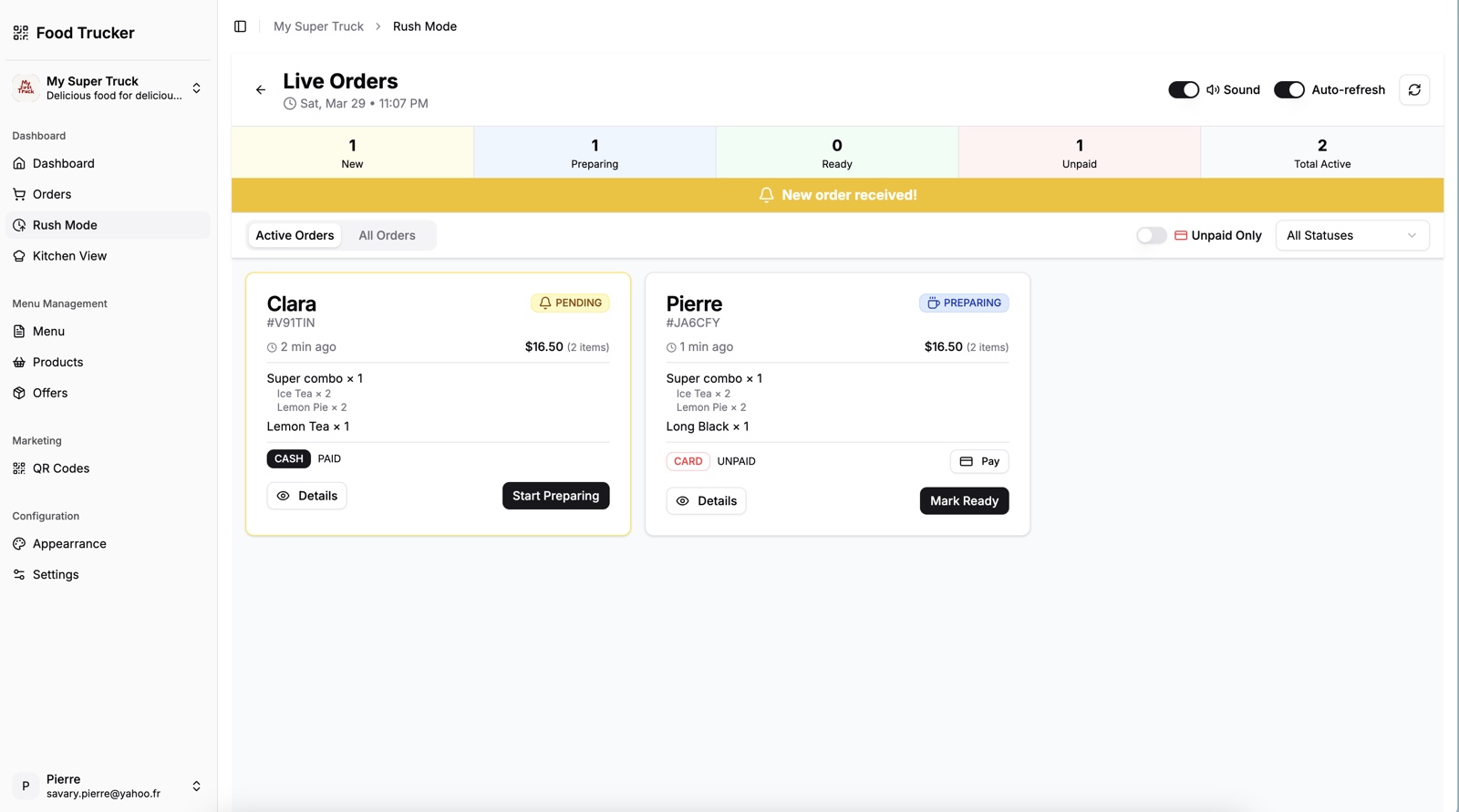 Food Trucker rush mode showing live pending and preparing orders